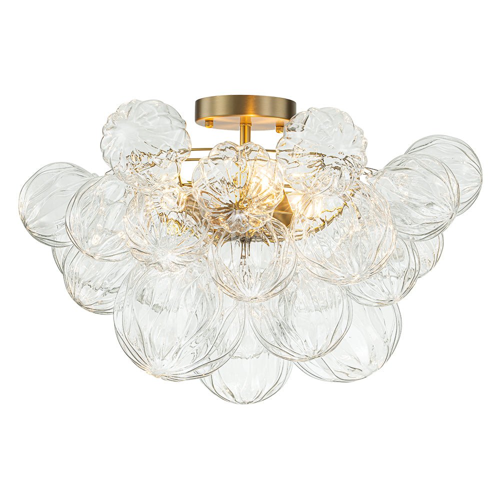 3-Light Brass Sculpture Glass Globe Bubble Semi Flush Chandelier