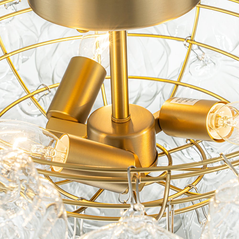 3-Light Brass Sculpture Glass Globe Bubble Semi Flush Chandelier