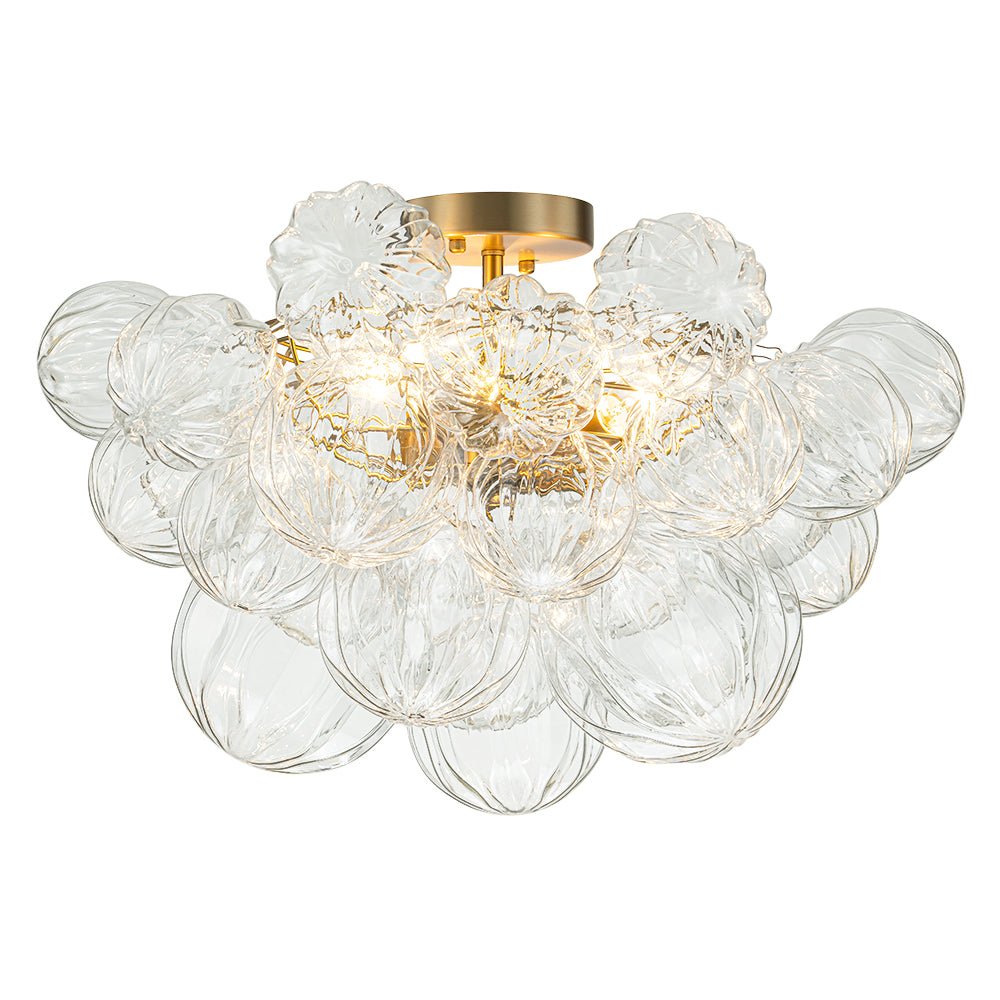 3-Light Brass Sculpture Glass Globe Bubble Semi Flush Chandelier