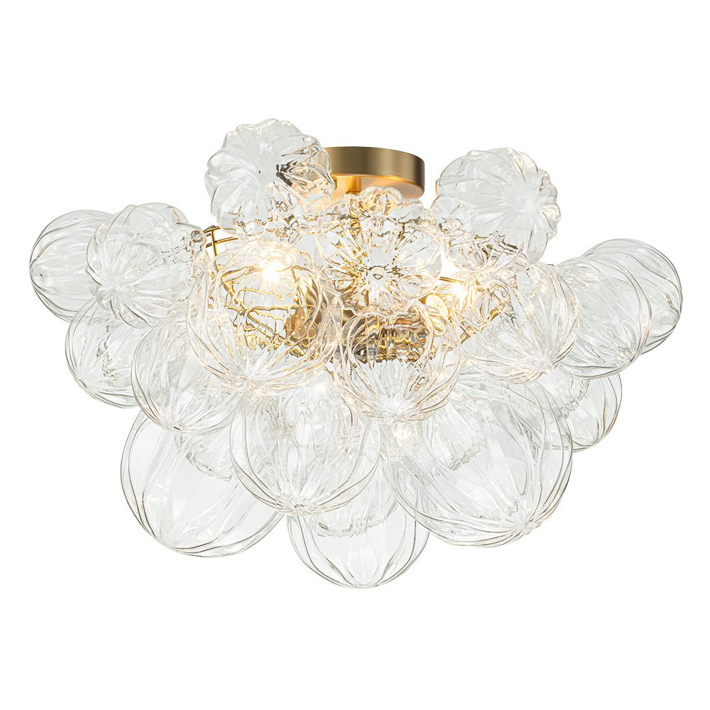 3-Light Brass Sculpture Glass Globe Bubble Semi Flush Chandelier