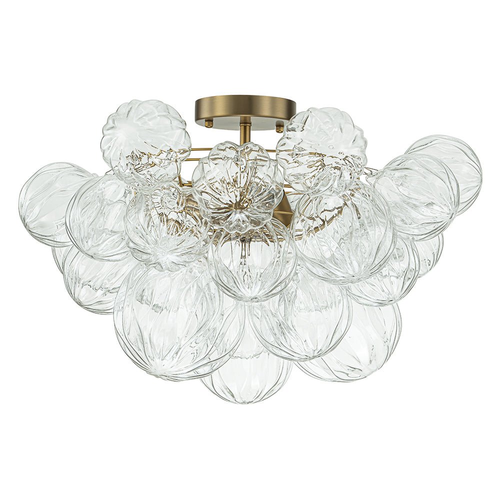 3-Light Brass Sculpture Glass Globe Bubble Semi Flush Chandelier