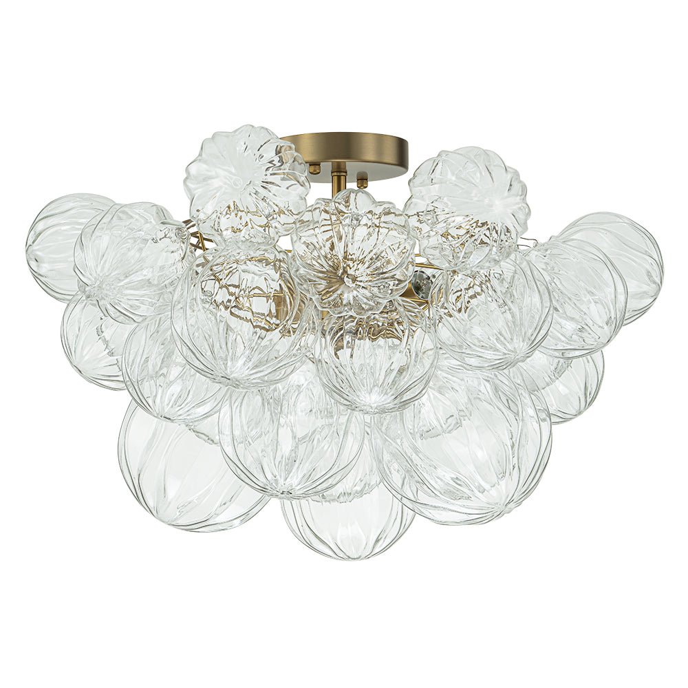3-Light Brass Sculpture Glass Globe Bubble Semi Flush Chandelier