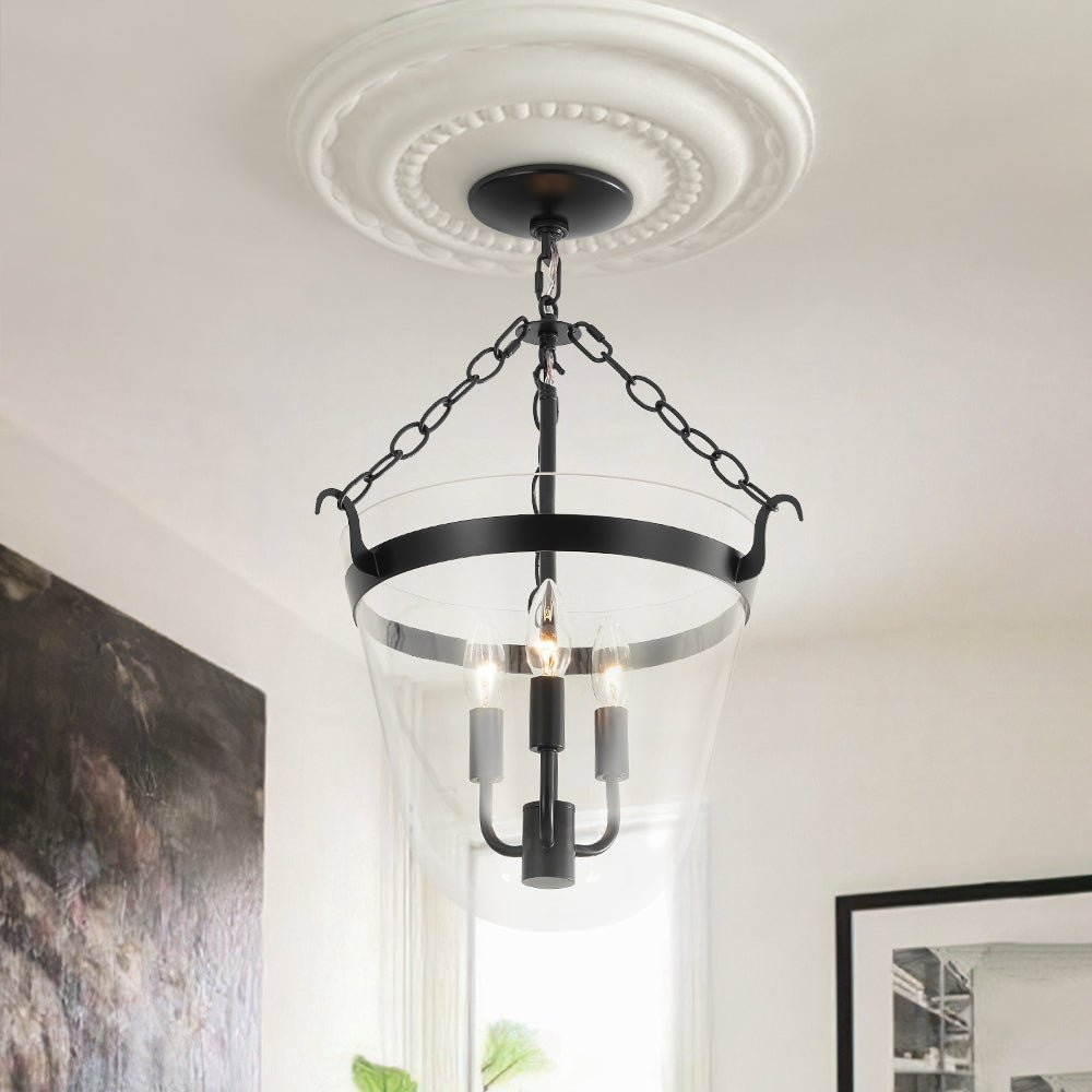 3-Light Clear Glass Bell Jar Lantern Pendant / Semi Flush