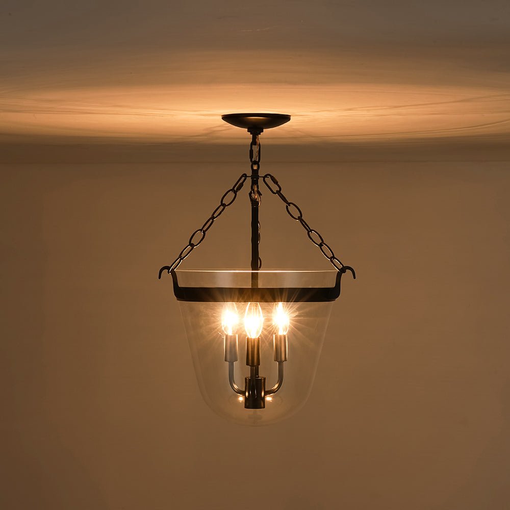 3-Light Clear Glass Bell Jar Lantern Pendant / Semi Flush