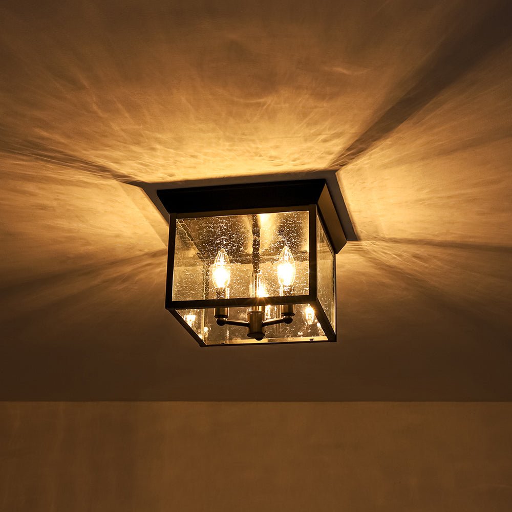 3-Light Clear Seeded Glass Black Square Cage Ceiling Light