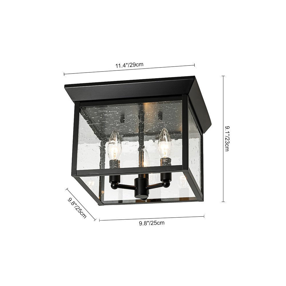 3-Light Clear Seeded Glass Black Square Cage Ceiling Light