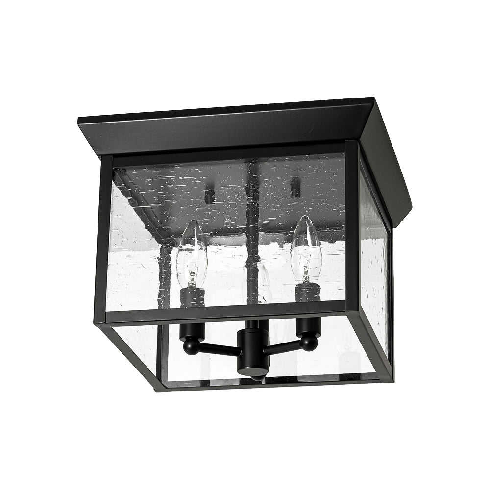 3-Light Clear Seeded Glass Black Square Cage Ceiling Light