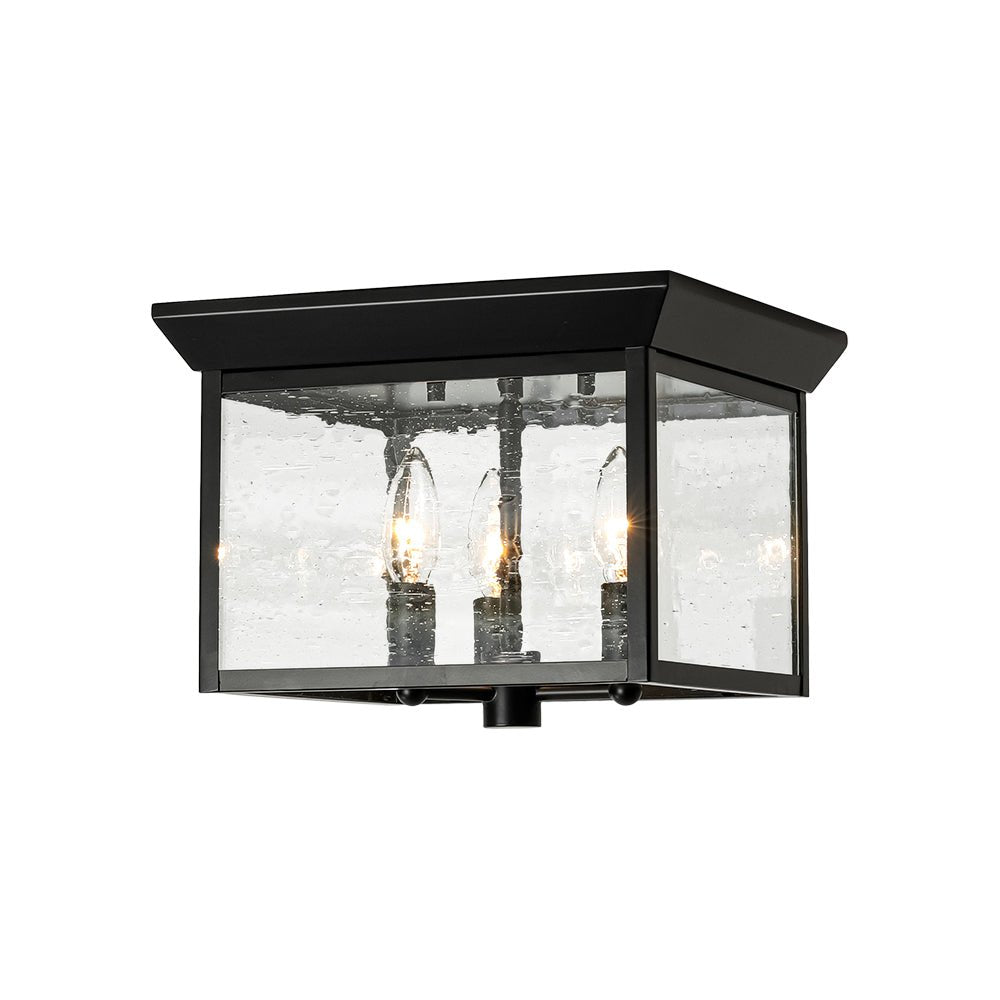 3-Light Clear Seeded Glass Black Square Cage Ceiling Light
