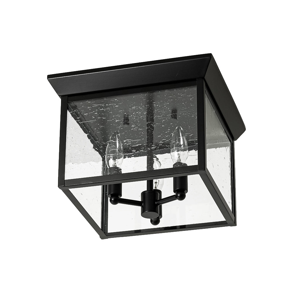 3-Light Clear Seeded Glass Black Square Cage Ceiling Light