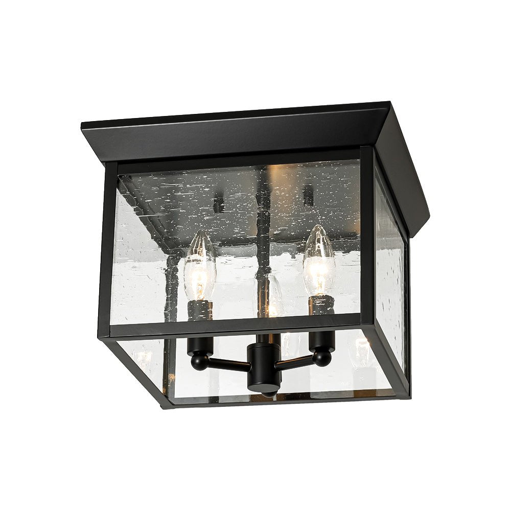 3-Light Clear Seeded Glass Black Square Cage Ceiling Light