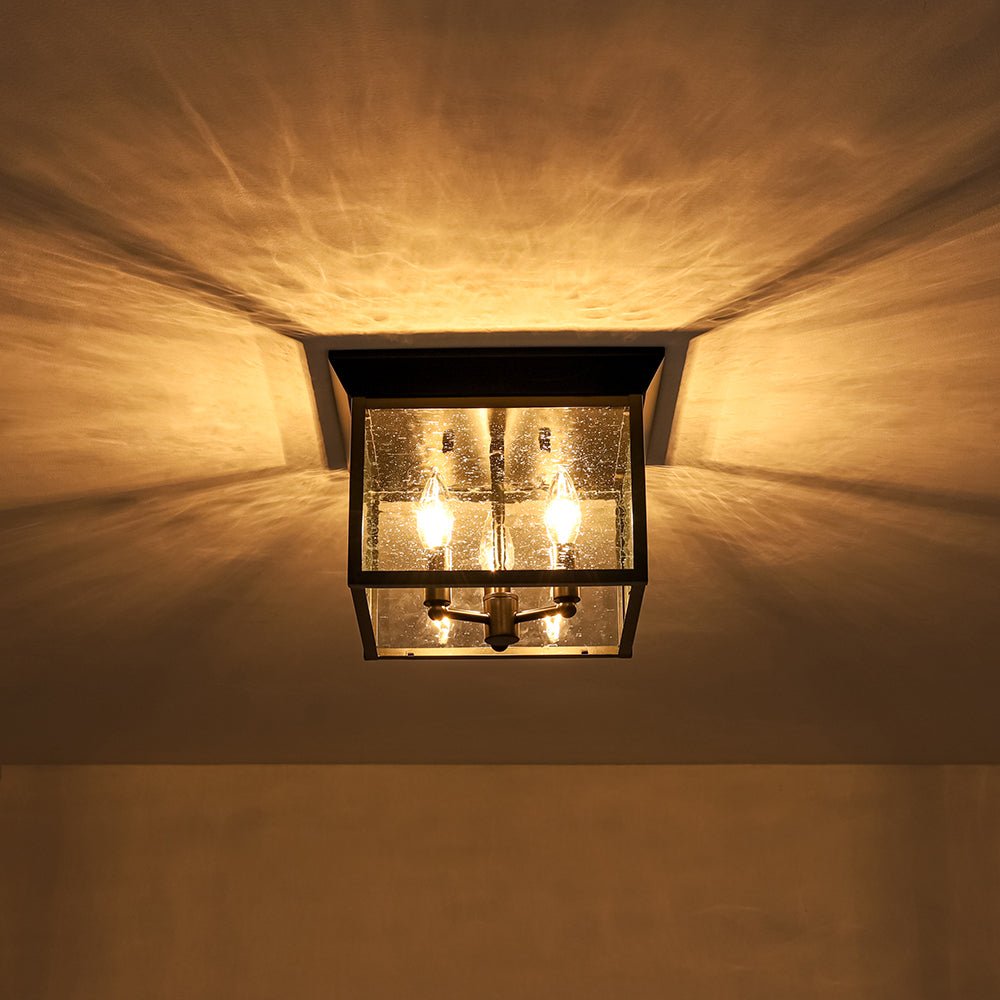 3-Light Clear Seeded Glass Black Square Cage Ceiling Light