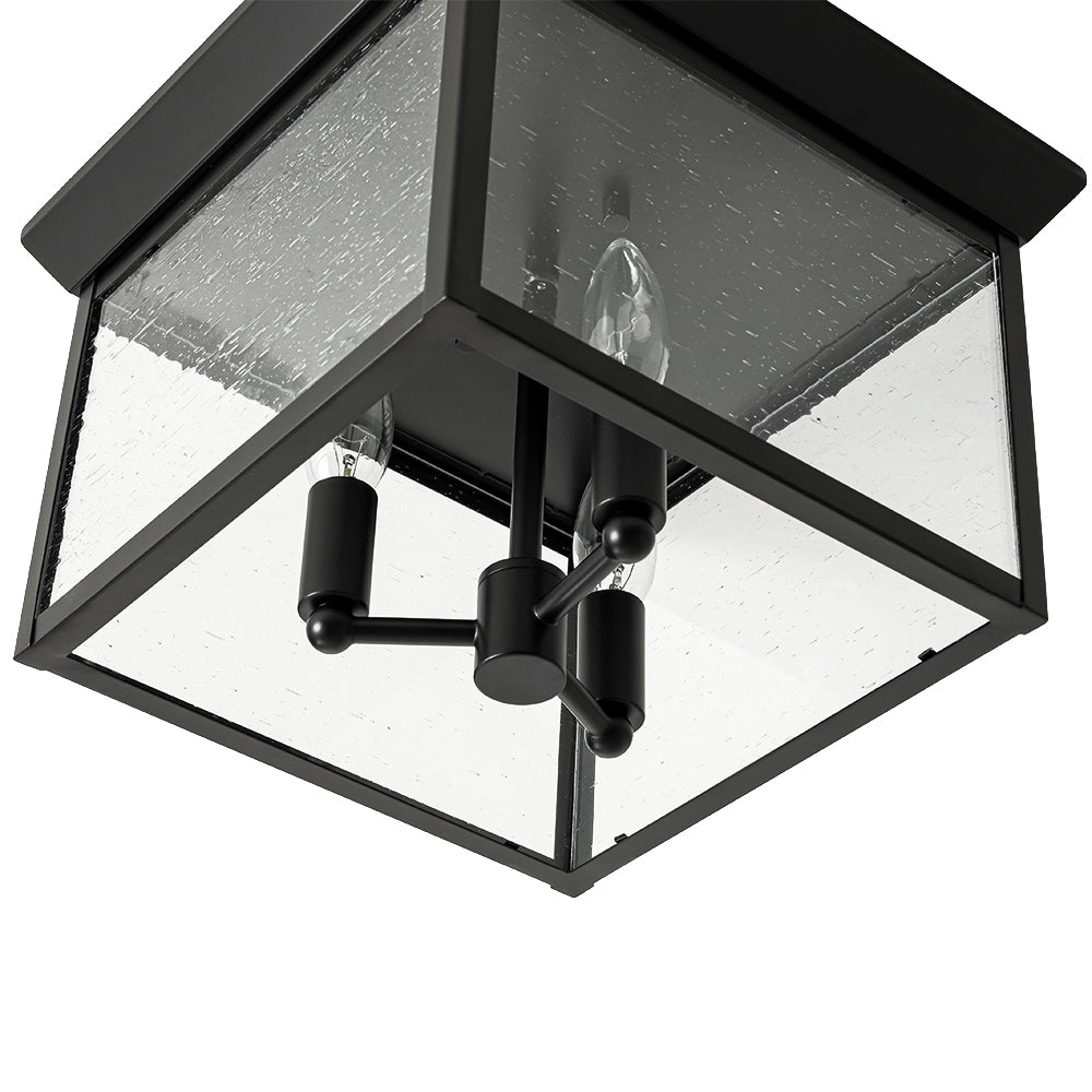 3-Light Clear Seeded Glass Black Square Cage Ceiling Light