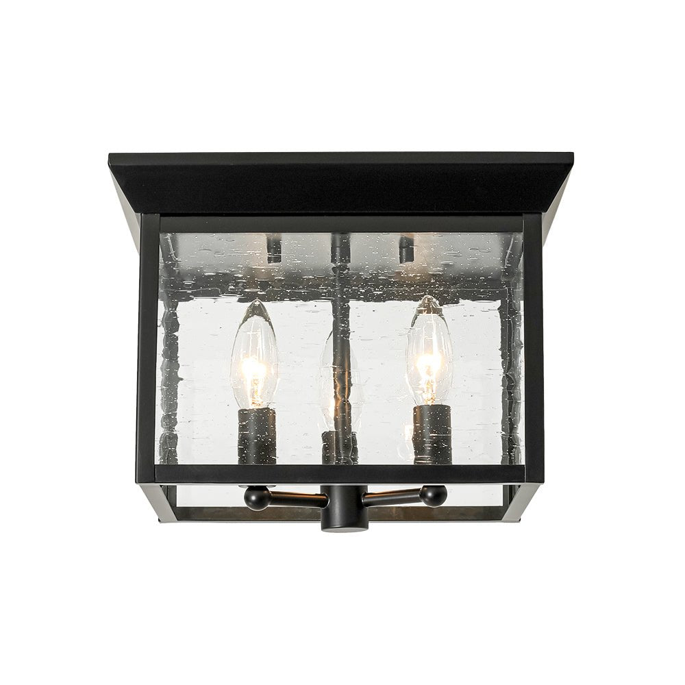 3-Light Clear Seeded Glass Black Square Cage Ceiling Light