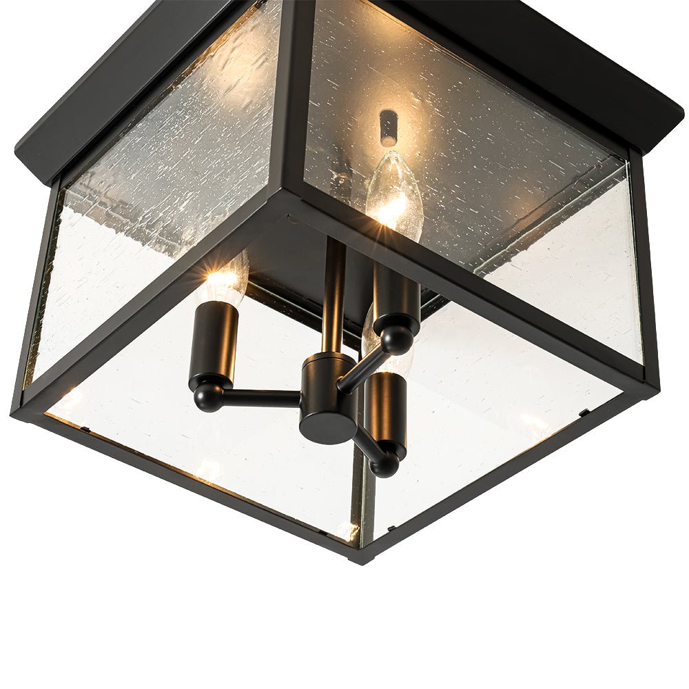 3-Light Clear Seeded Glass Black Square Cage Ceiling Light