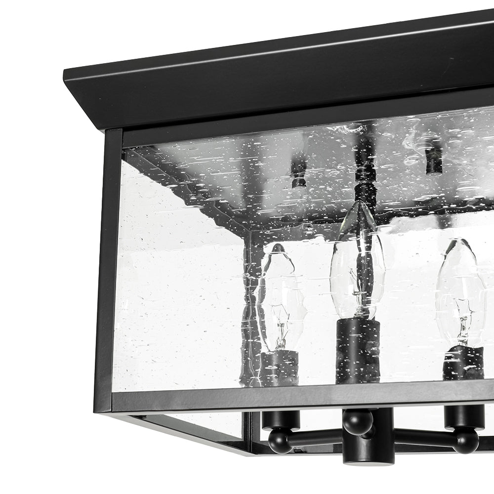 3-Light Clear Seeded Glass Black Square Cage Ceiling Light