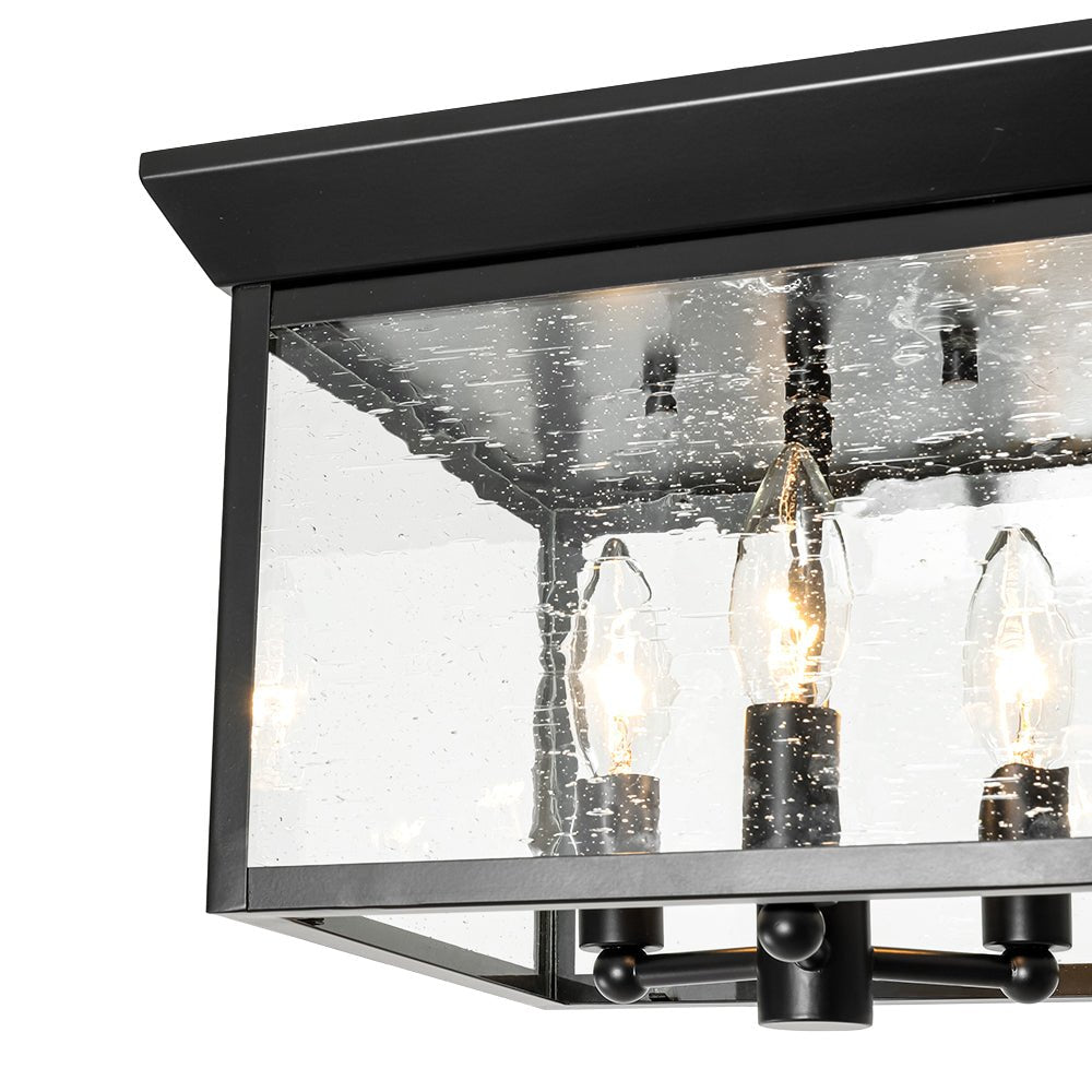 3-Light Clear Seeded Glass Black Square Cage Ceiling Light