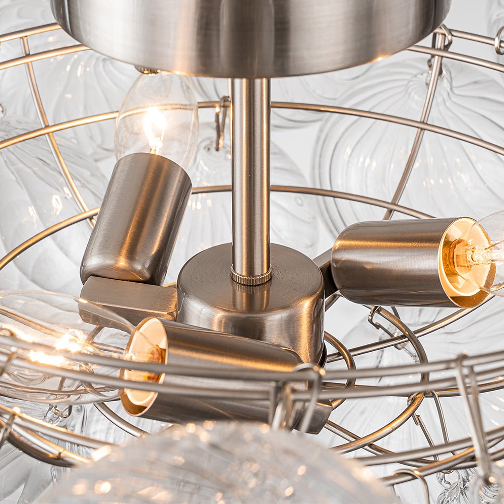 3-Light Cluster Ribbed Glass Bubble Semi Flush Chandelier
