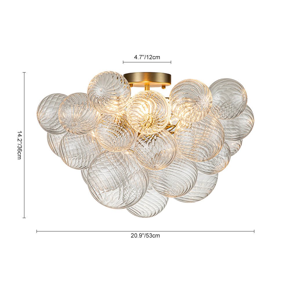 3-Light Cluster Ribbed Glass Bubble Semi Flush Chandelier