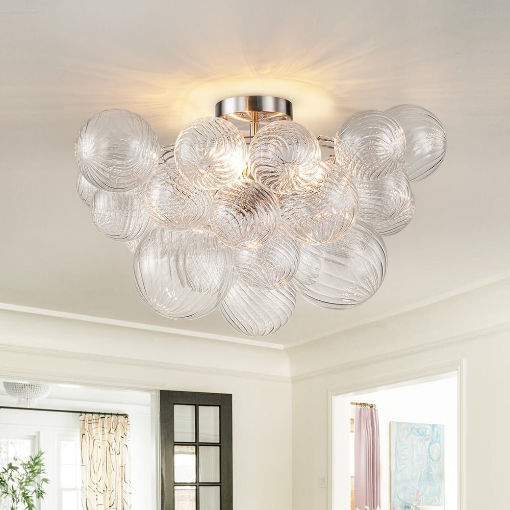 3-Light Cluster Ribbed Glass Bubble Semi Flush Chandelier