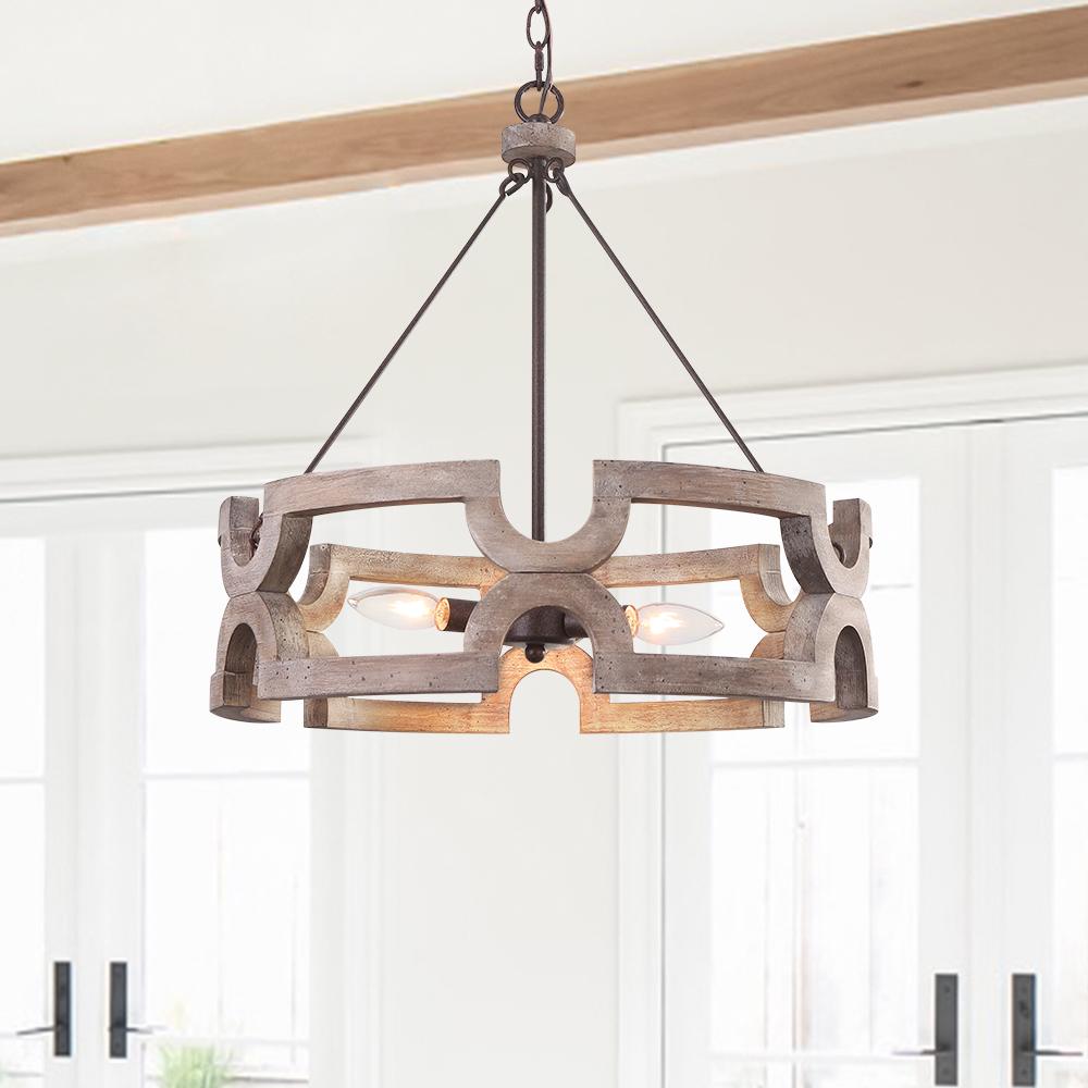 3-Light Farmhouse Open Aged Wood Drum Pendant Light