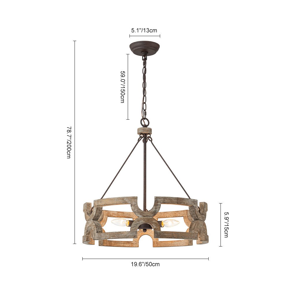 3-Light Farmhouse Open Aged Wood Drum Pendant Light