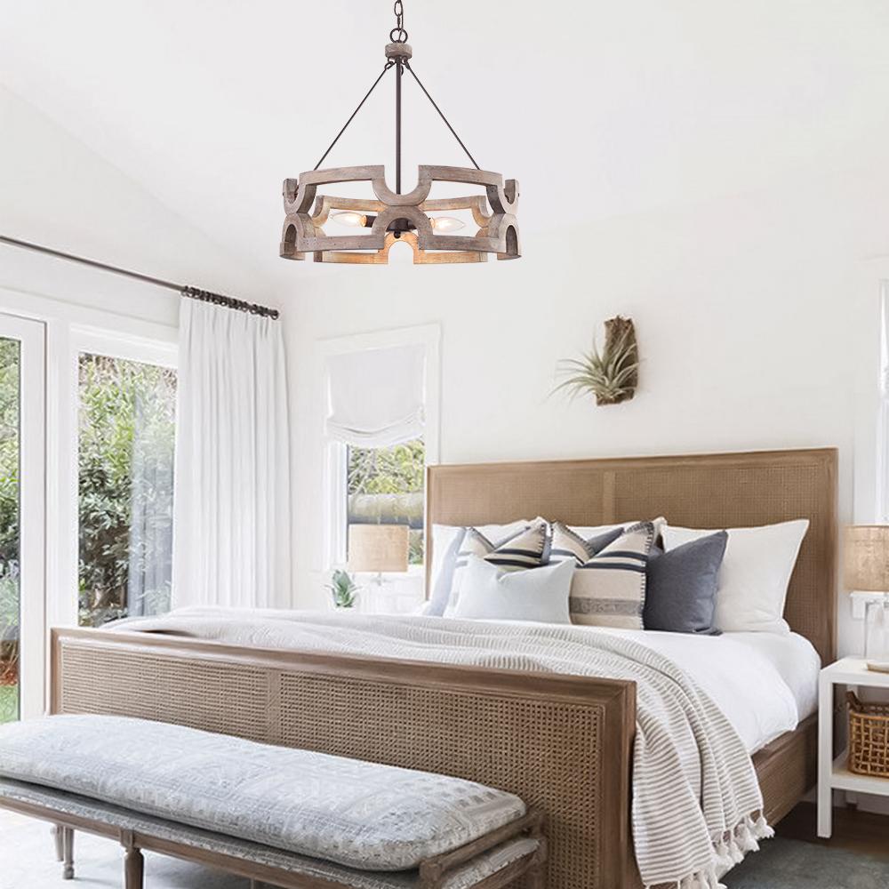3-Light Farmhouse Open Aged Wood Drum Pendant Light