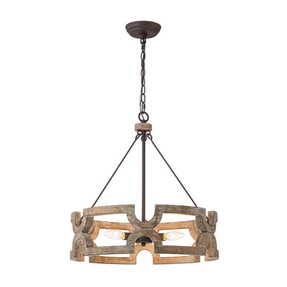 3-Light Farmhouse Open Aged Wood Drum Pendant Light
