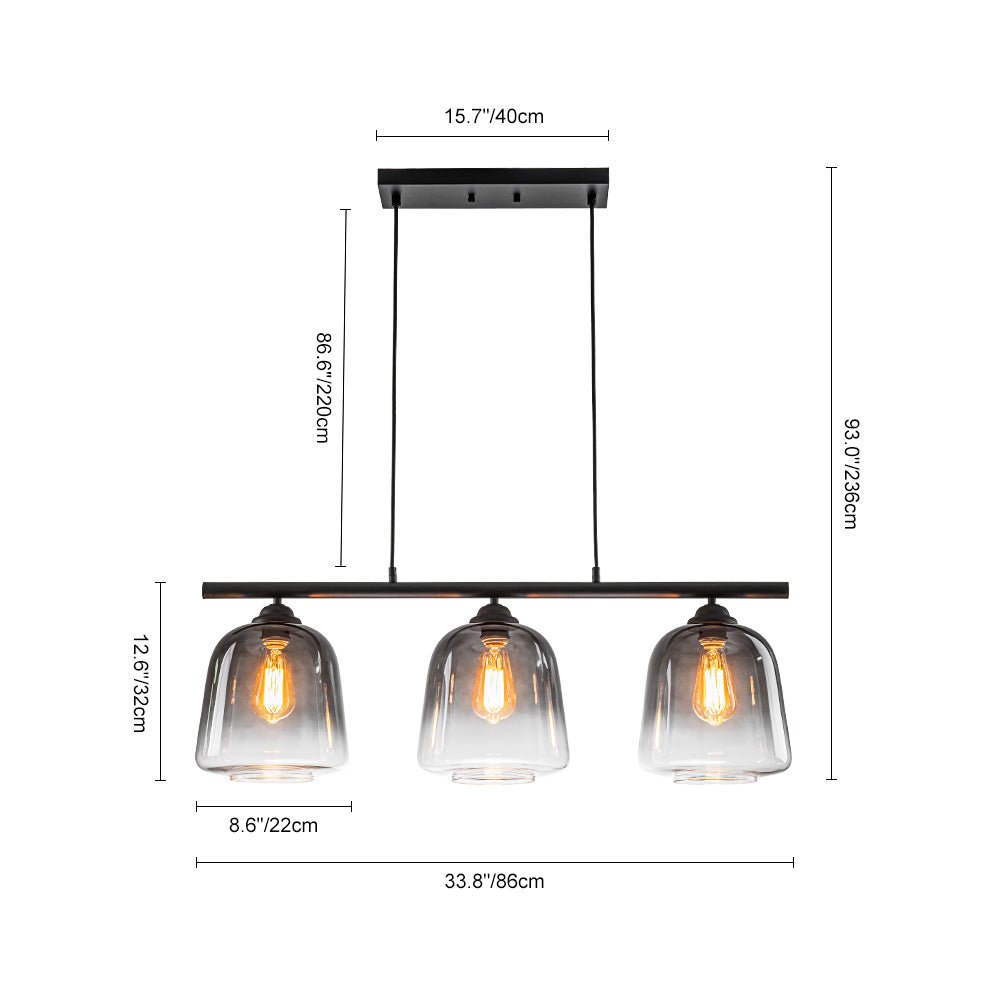 3-Light Gradual Smoked Glass Shade Linear Island Pendant