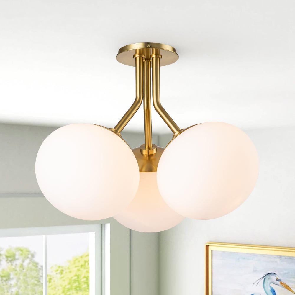 3-Light Opal Glass Sphere Semi Flush Mount Light