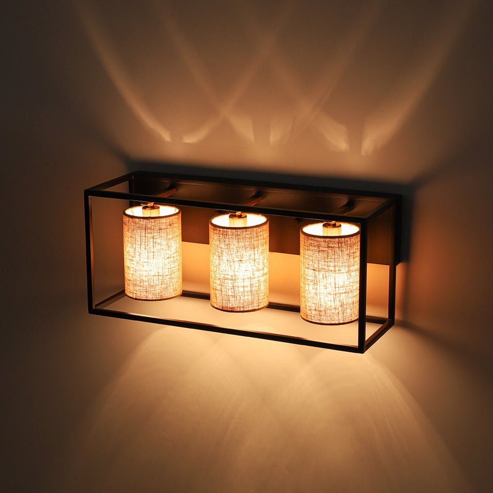 3-light Rectangular Black Frame Linen Wall Sconce