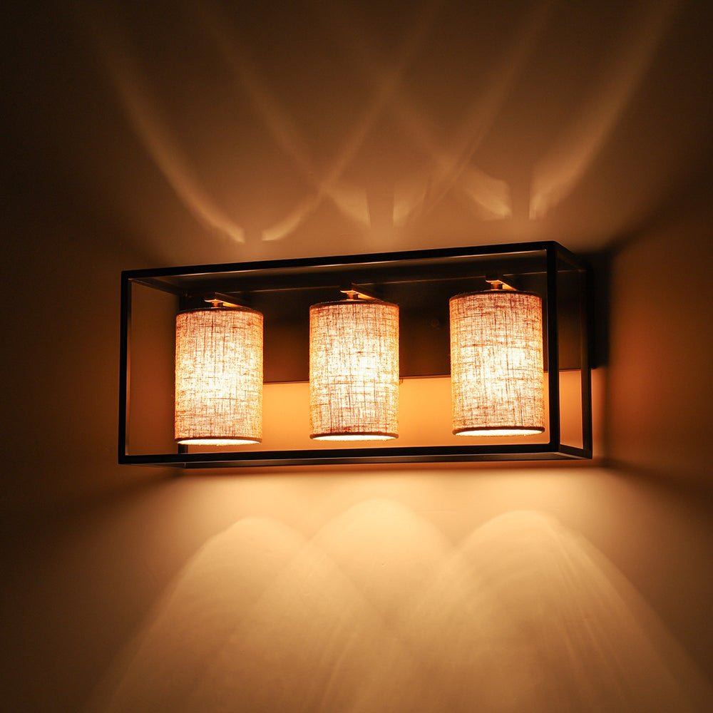 3-light Rectangular Black Frame Linen Wall Sconce