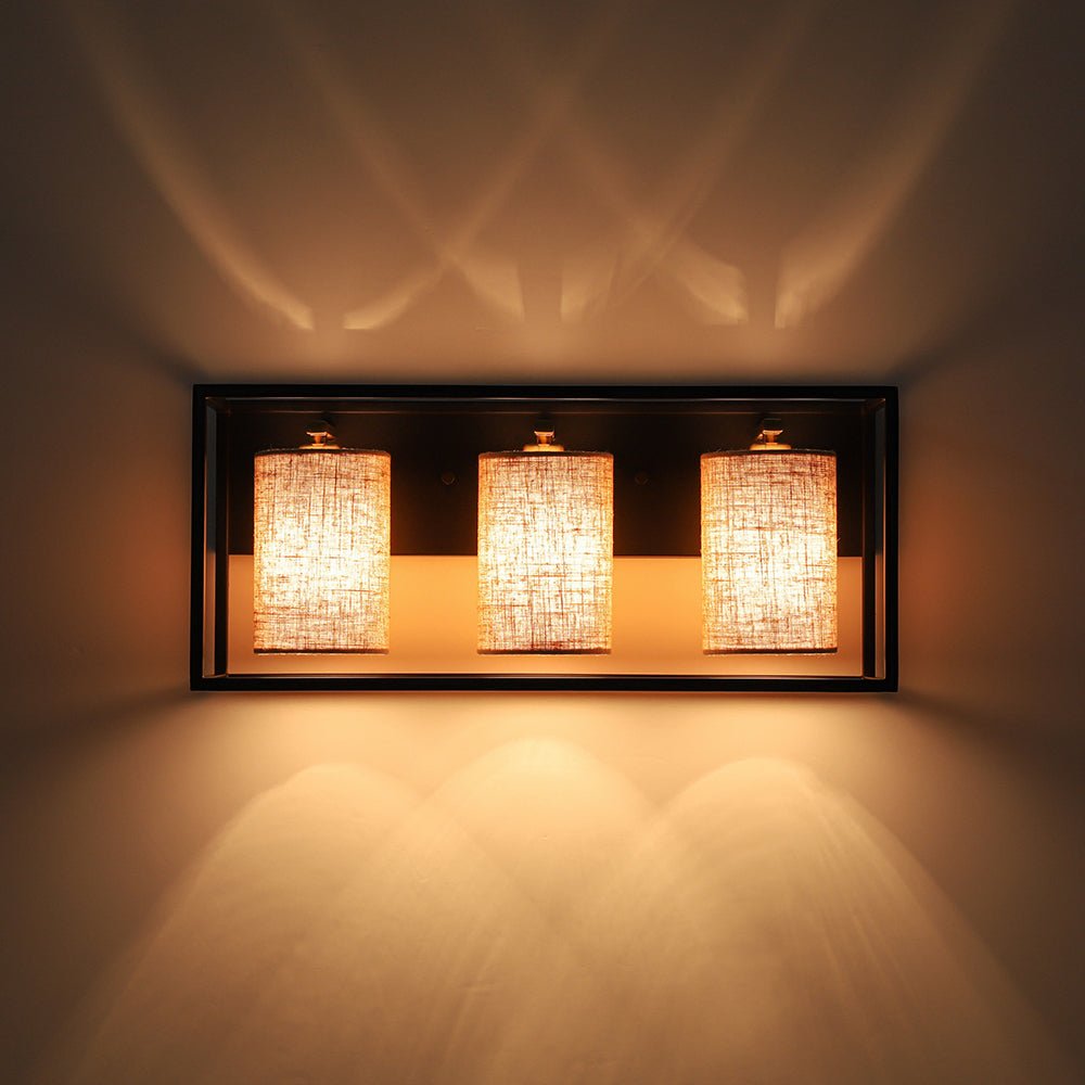 3-light Rectangular Black Frame Linen Wall Sconce