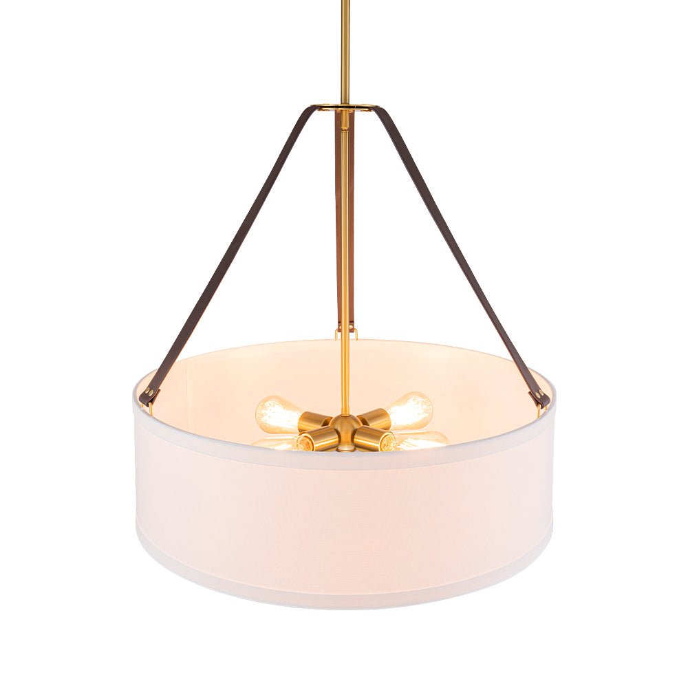 4-Light Brass White Linen Wide Drum Cage Pendant Light