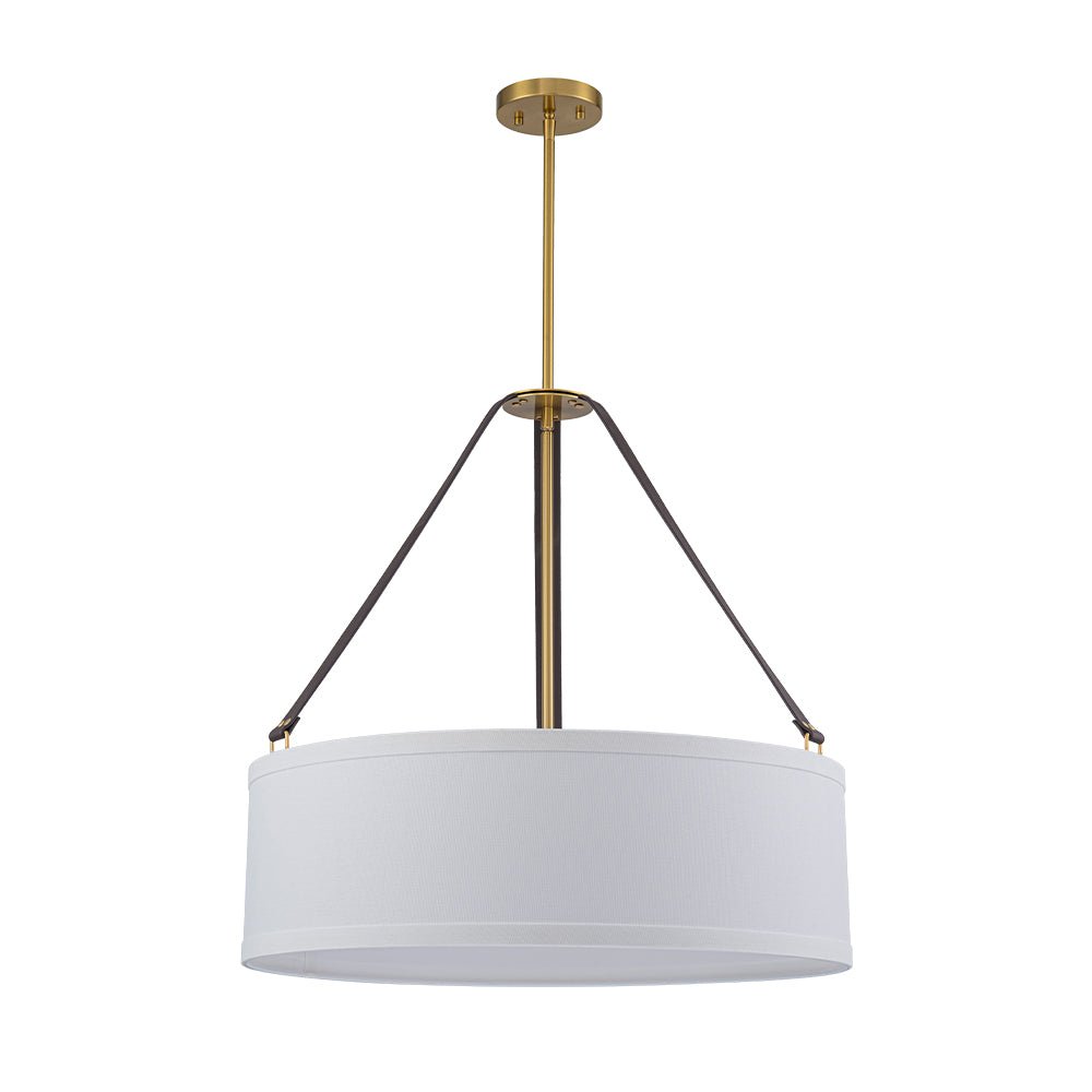 4-Light Brass White Linen Wide Drum Cage Pendant Light