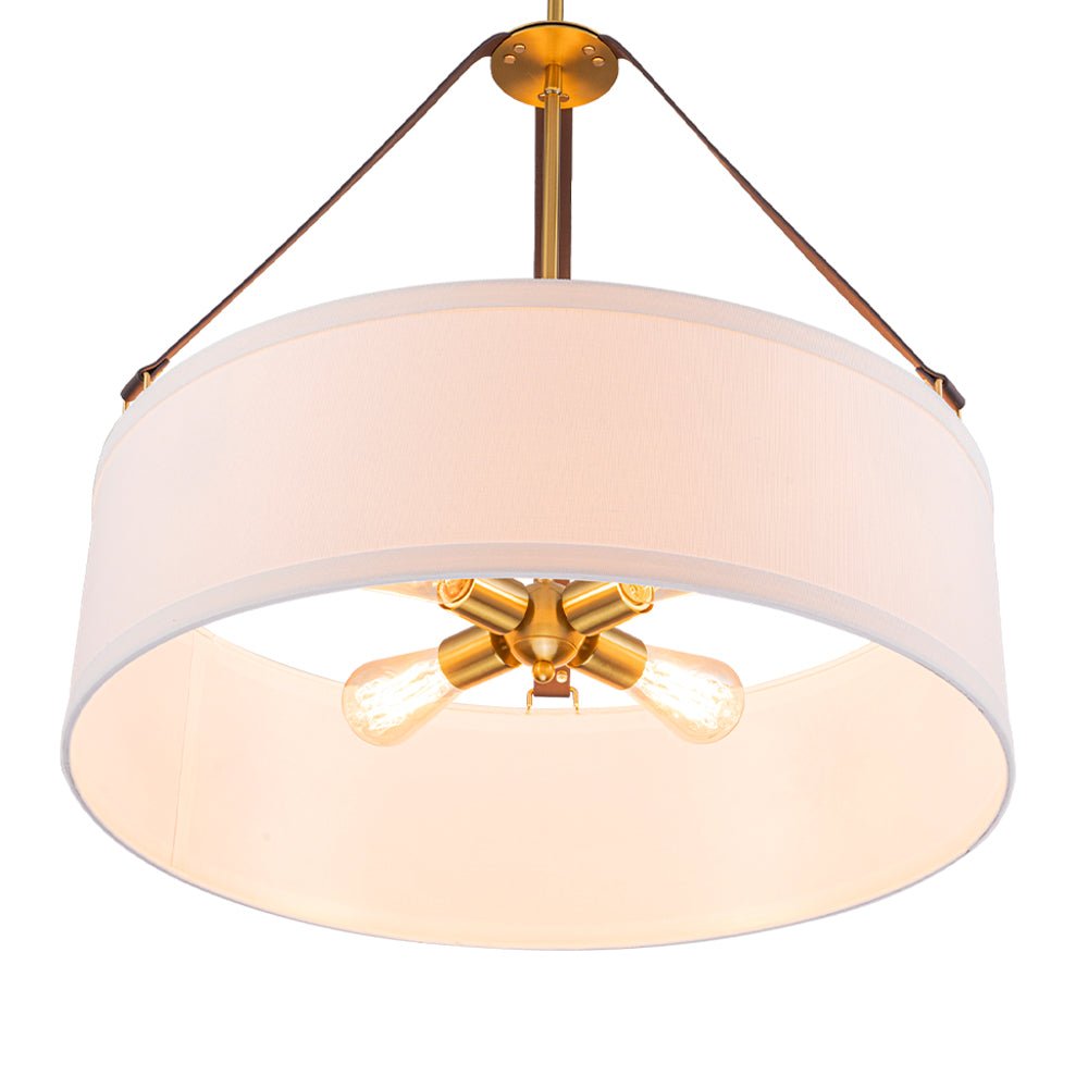 4-Light Brass White Linen Wide Drum Cage Pendant Light