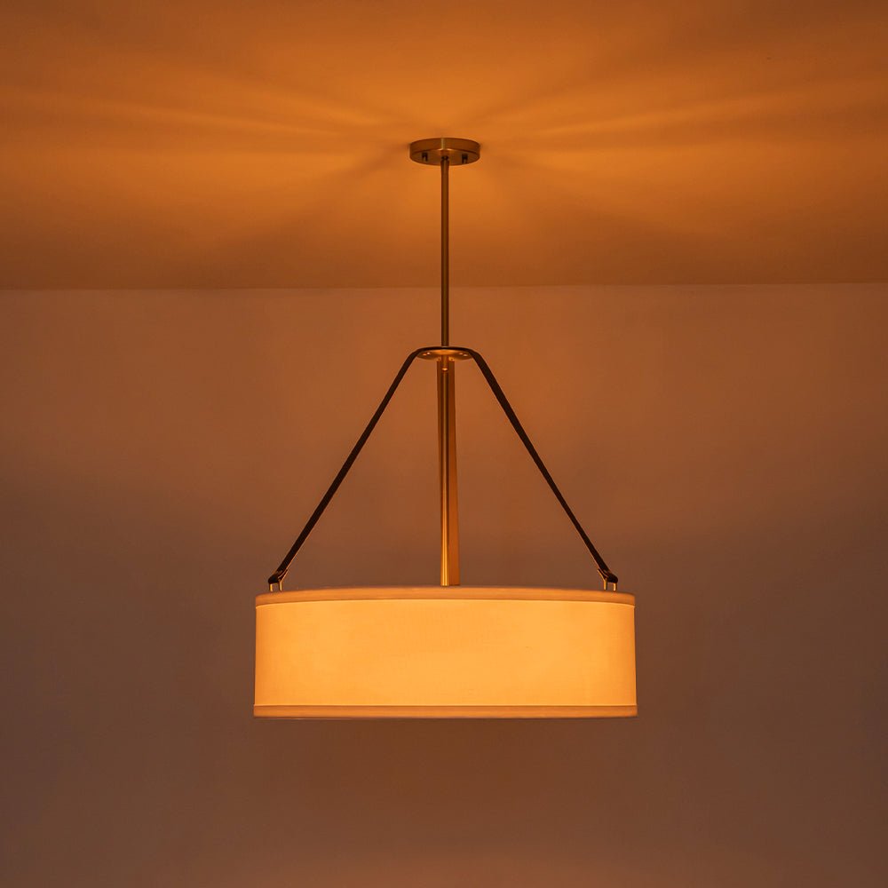 4-Light Brass White Linen Wide Drum Cage Pendant Light