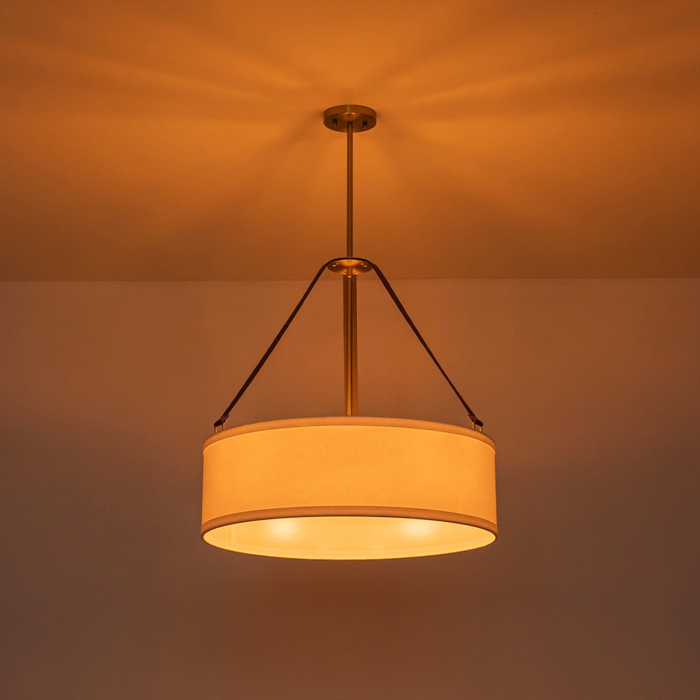 4-Light Brass White Linen Wide Drum Cage Pendant Light