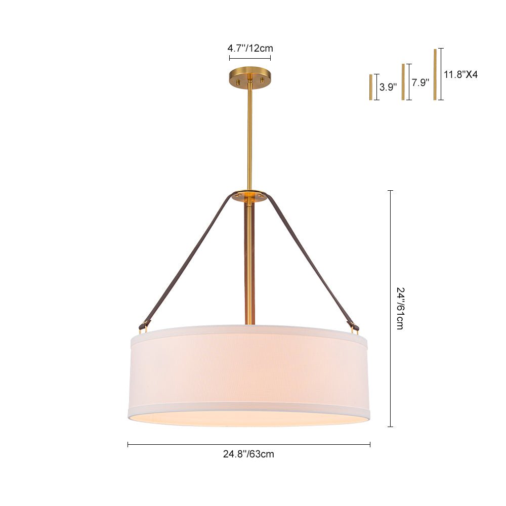 4-Light Brass White Linen Wide Drum Cage Pendant Light