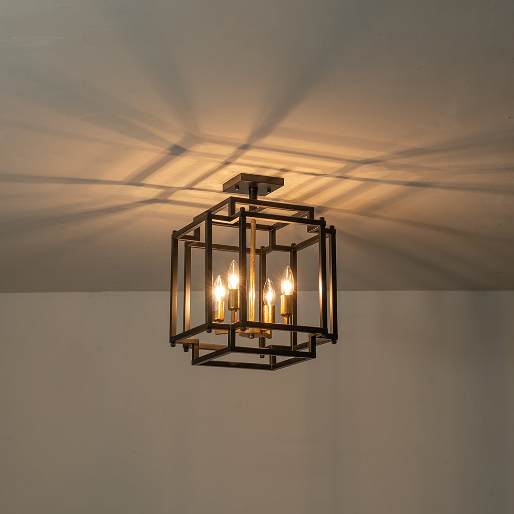 4-Light Candle Style Square Lantern Semi Flush Ceiling Light