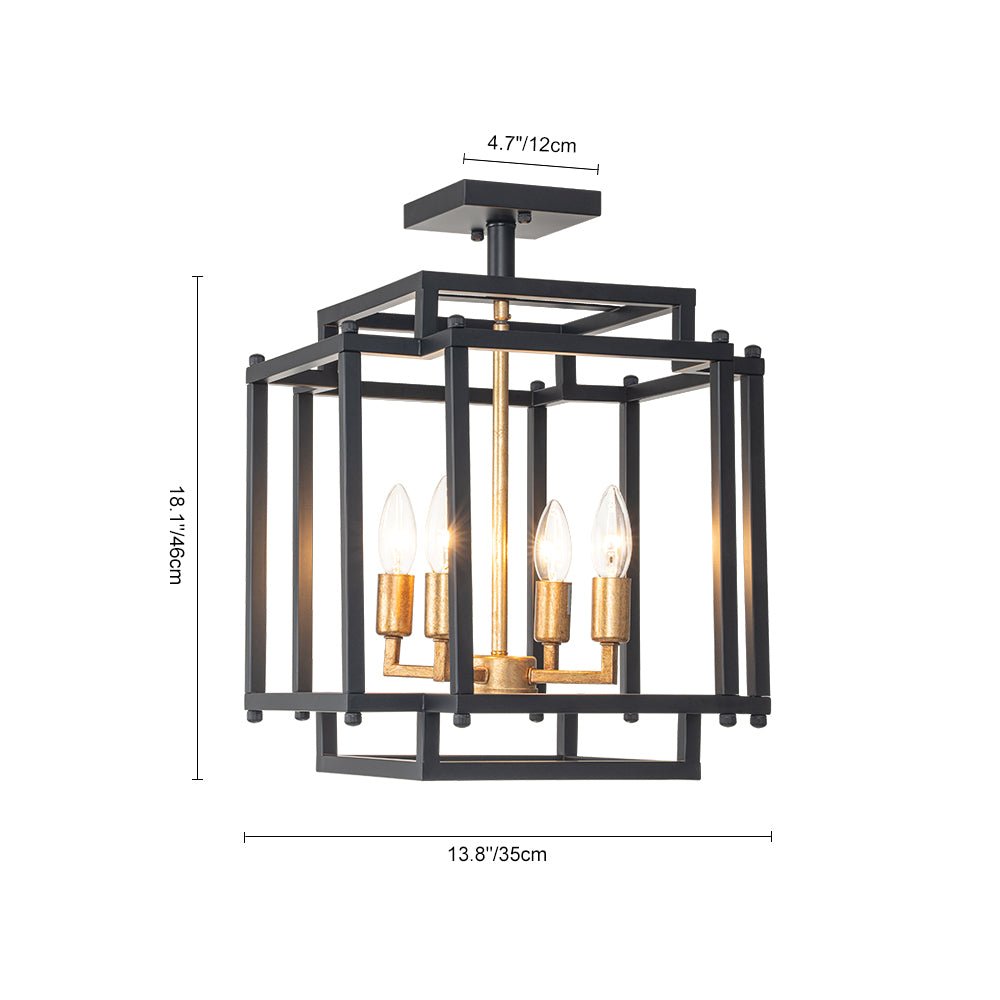 4-Light Candle Style Square Lantern Semi Flush Ceiling Light