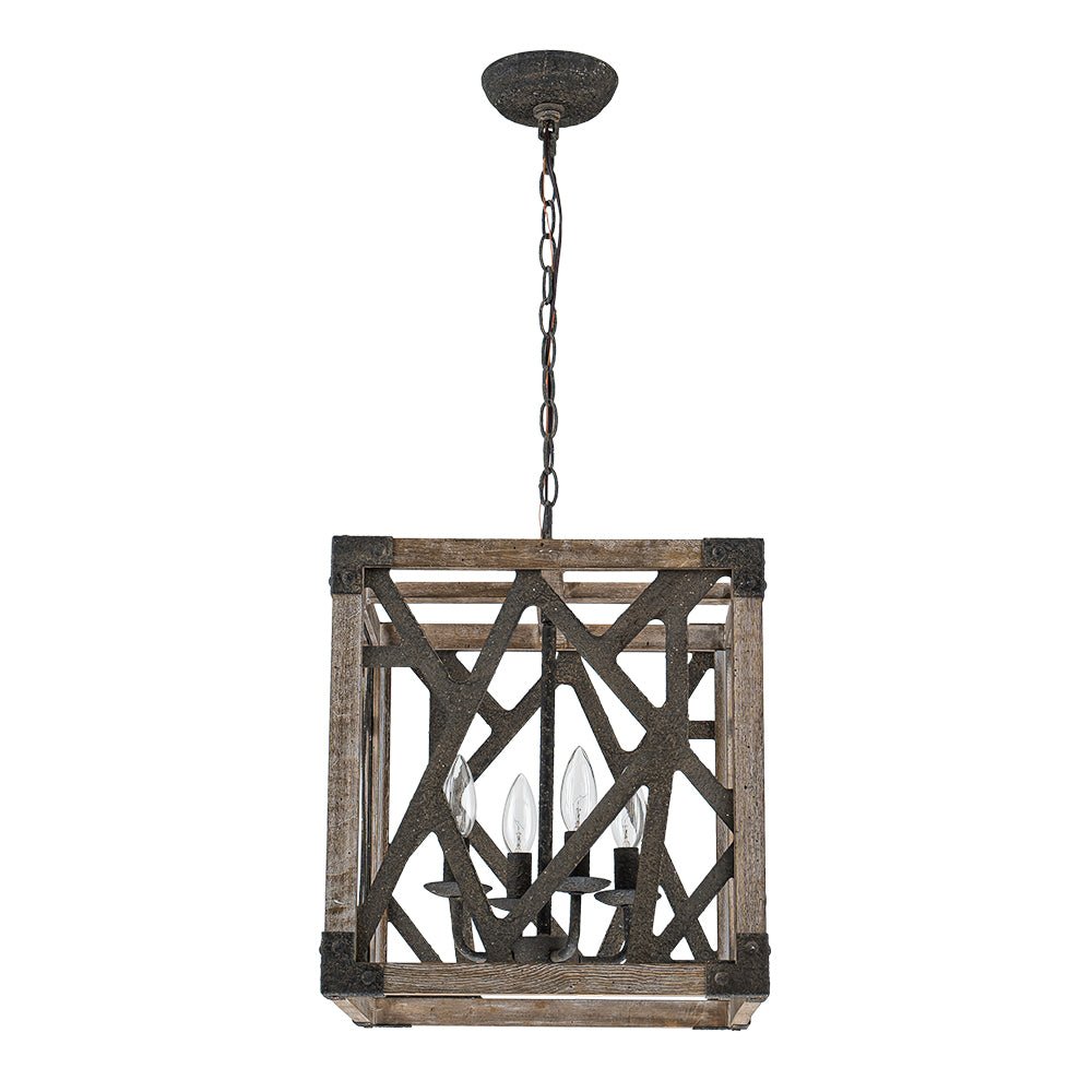 4-Light Distressed Wooden Square Cage Pendant Light