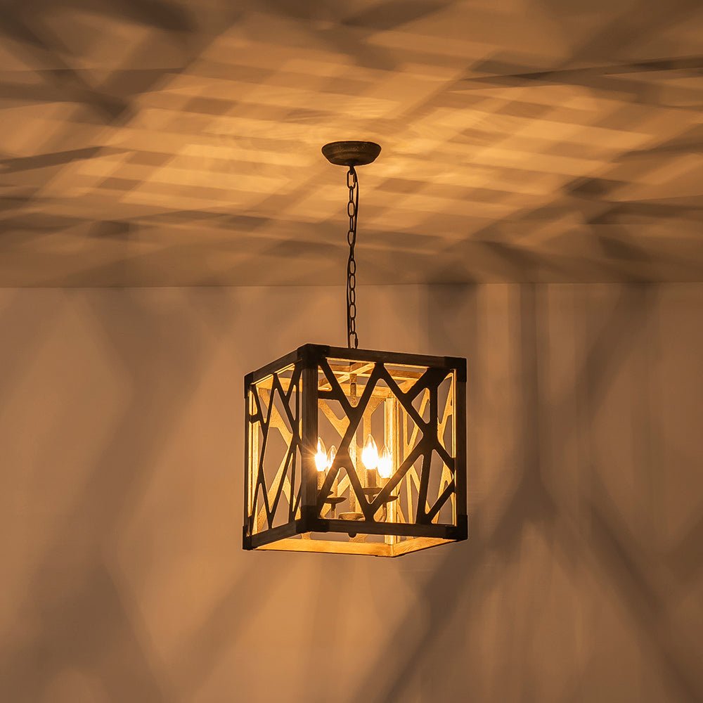 4-Light Distressed Wooden Square Cage Pendant Light