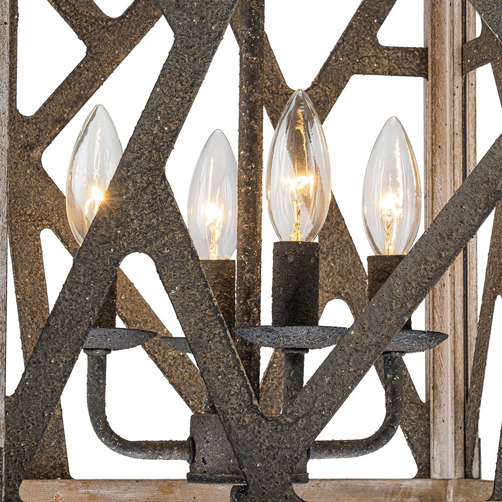 4-Light Distressed Wooden Square Cage Pendant Light