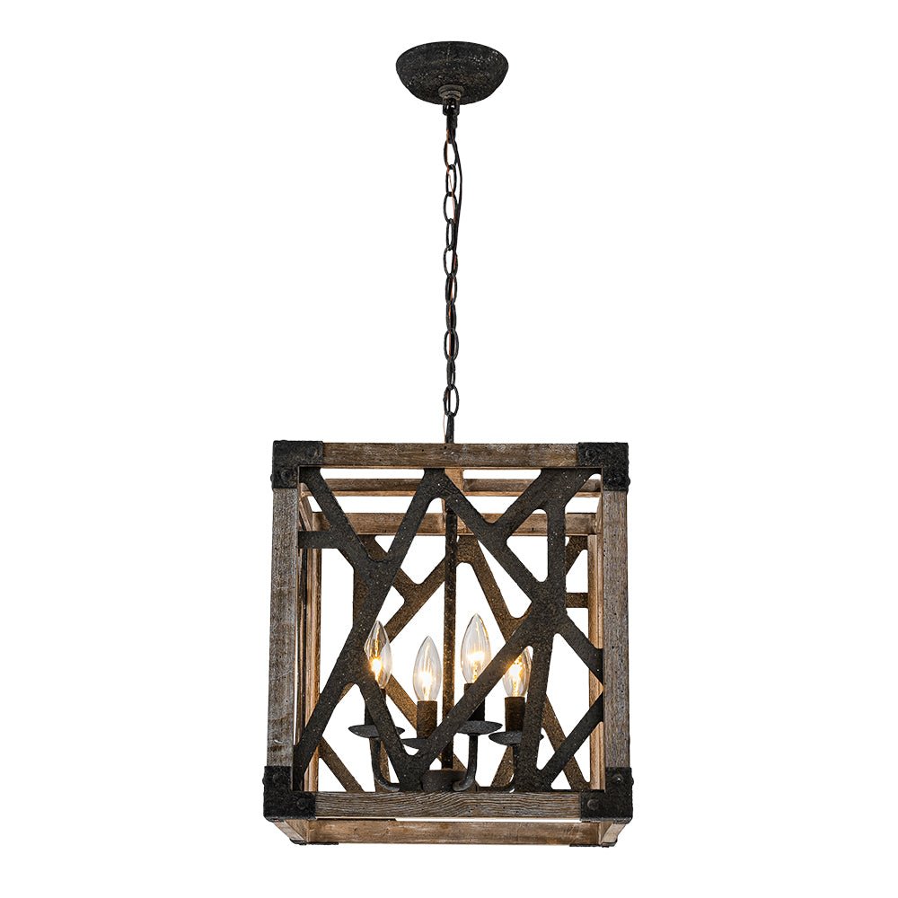 4-Light Distressed Wooden Square Cage Pendant Light