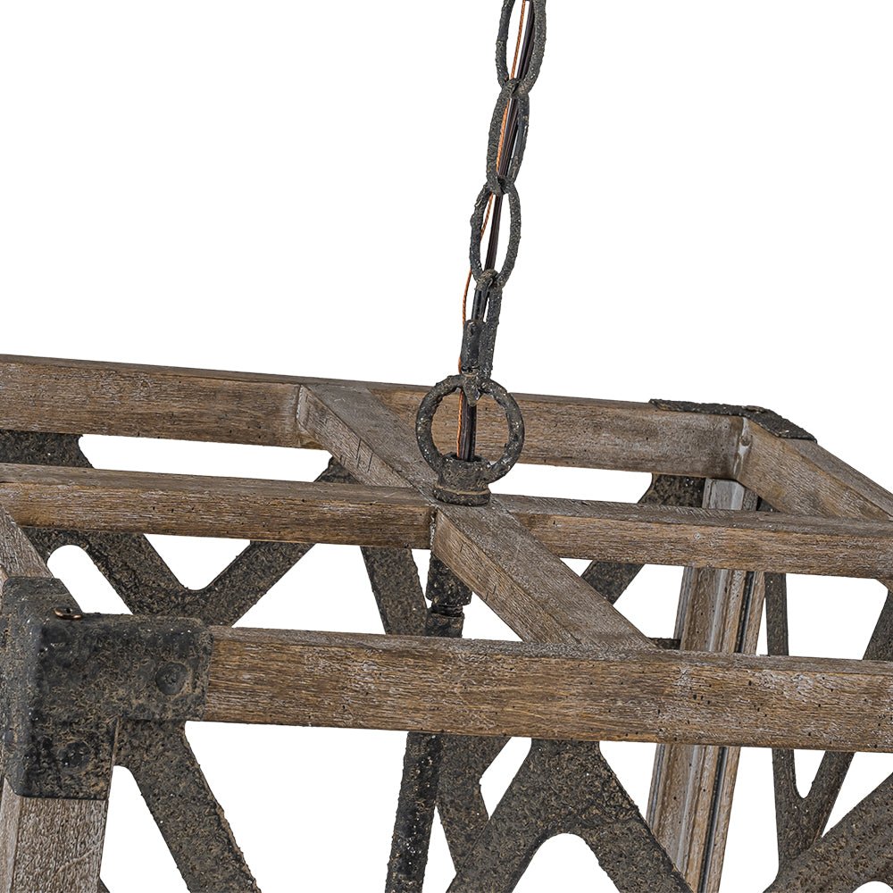 4-Light Distressed Wooden Square Cage Pendant Light