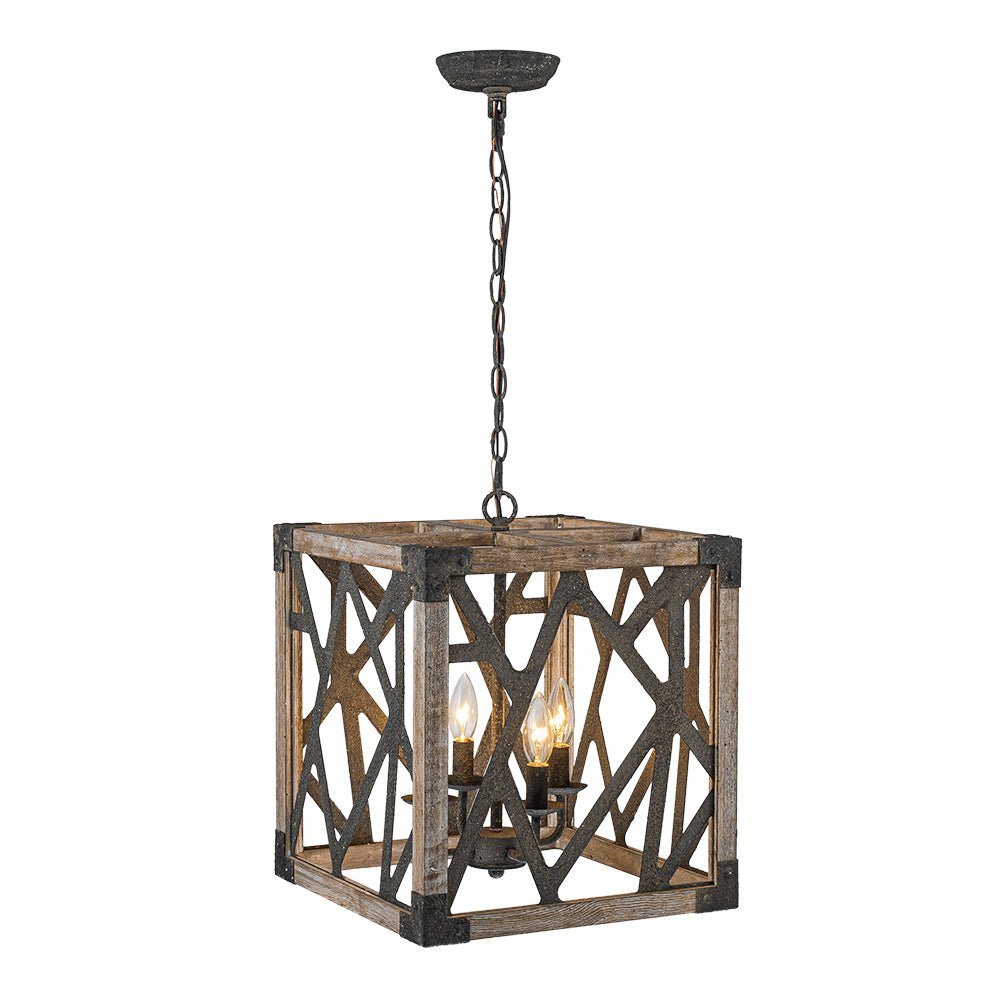 4-Light Distressed Wooden Square Cage Pendant Light