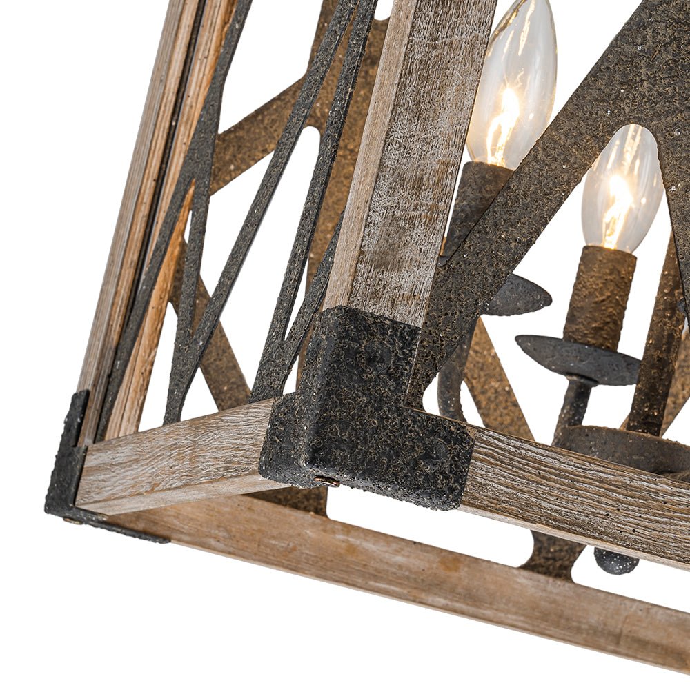 4-Light Distressed Wooden Square Cage Pendant Light
