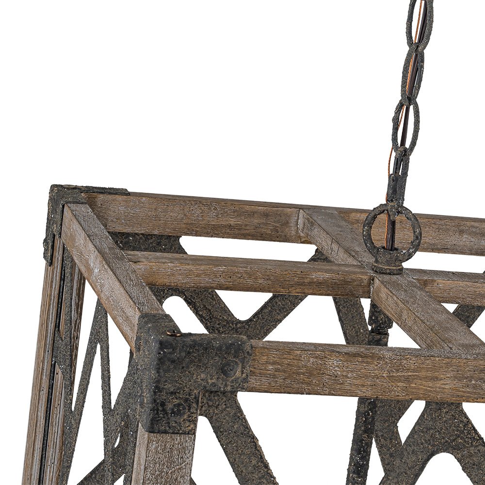 4-Light Distressed Wooden Square Cage Pendant Light