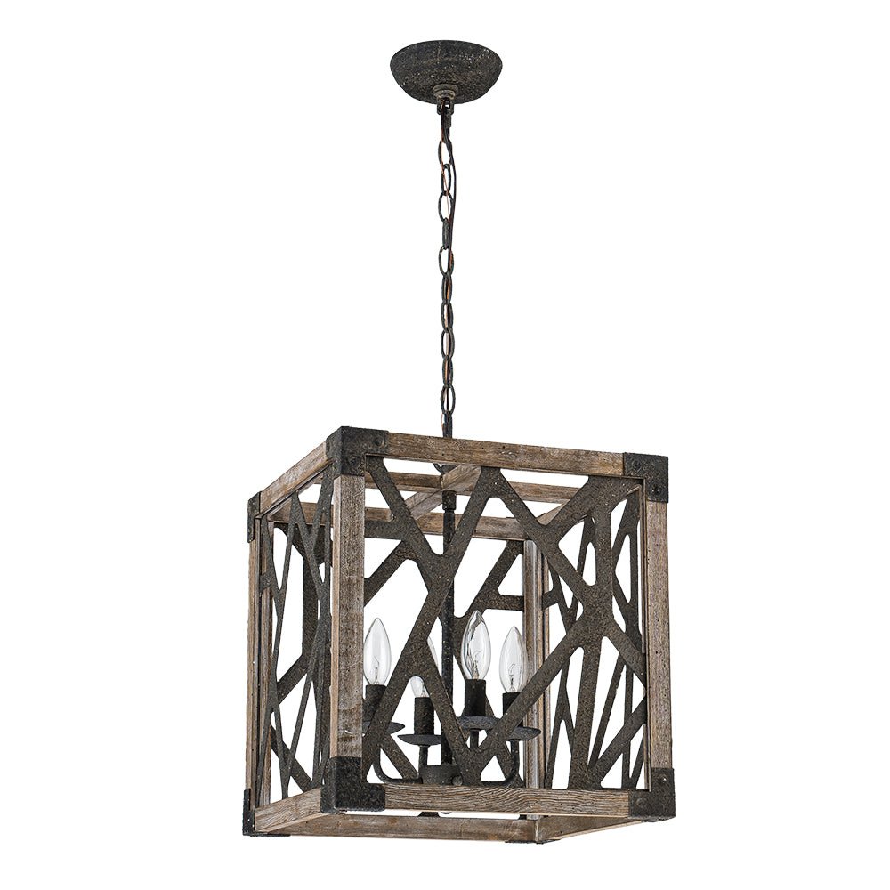 4-Light Distressed Wooden Square Cage Pendant Light