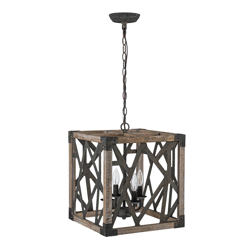 4-Light Distressed Wooden Square Cage Pendant Light